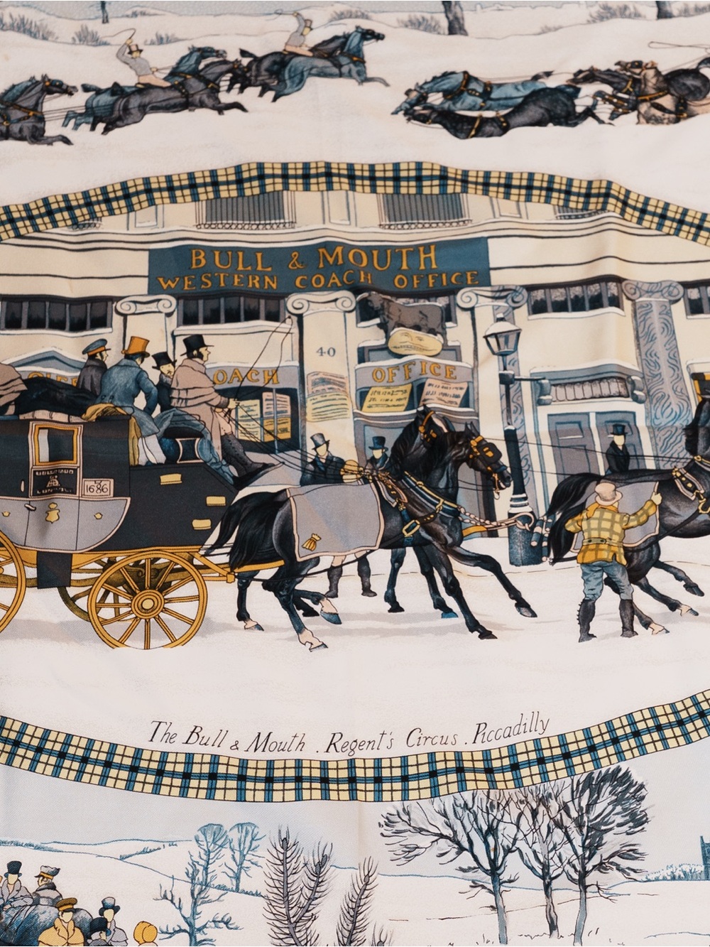 Hermès L'Hiver en Poste Silk Twill Scarf Carré 90 Navy Cream Winter Coach Motif - Picture 4 of 5